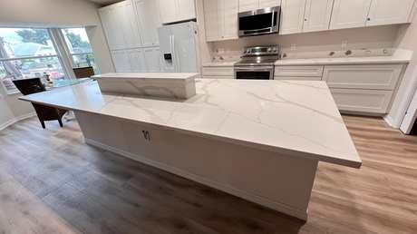 Quartz waterfall island countertop