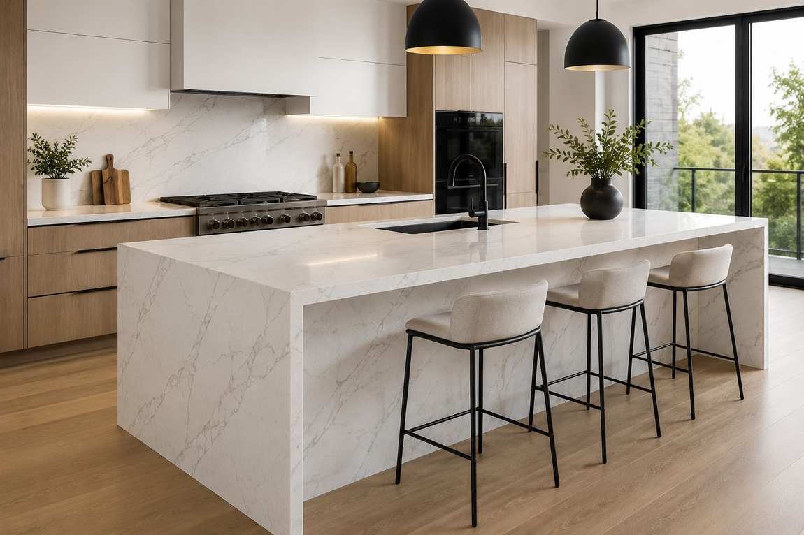 Finished kitchen with quartz waterfall countertop